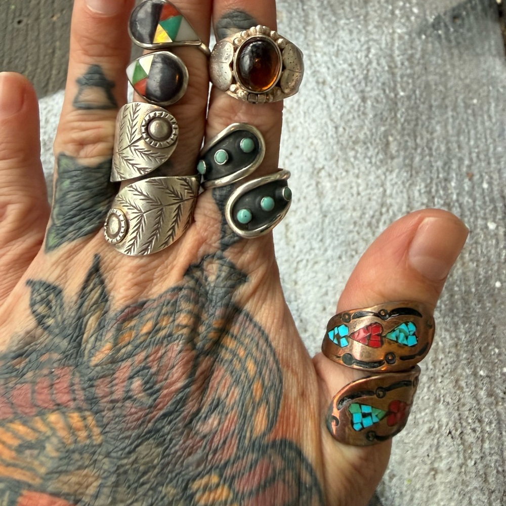 Handmade Turquoise & Coral Inlay Copper Wrap Ring - Women Jewelry